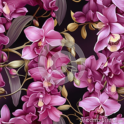 Seamless pattern of captivating, luscious, iridescent pink orchids Stock Photo
