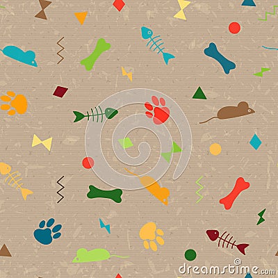 Seamless pattern for card, paper, scrapbook, wrapping, backdrop,texture. Pet background bones, paws trail, fishbones and Vector Illustration