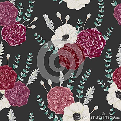 Seamless pattern with carnation and anemone flowers, eucalyptus, dusty miller and silver brunia. Vector Illustration