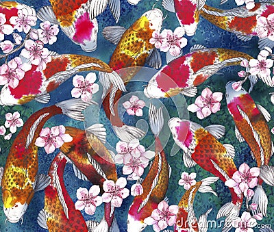 Seamless pattern with carp, and .sakura. Hand-drawn watercolor stock illustration with koi Cartoon Illustration