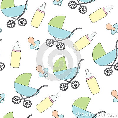 Seamless pattern with a carriage and a destky pacifier, a baby`s dummy. Vector picture. Vector Illustration