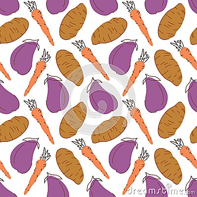 Seamless pattern with carrot eggplant potato on a white background. Vector illustration of ingredients for food backgroundin a Vector Illustration