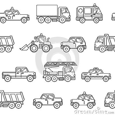 Seamless pattern cars. Black and white background in cartoon sty Vector Illustration