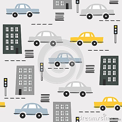 Colorful seamless pattern with cars, houses, traffic lights. Decorative background with funny transport. Automobile Vector Illustration