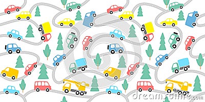 Seamless pattern cars and road. Cartoon background for Kids. Vector illustrations Vector Illustration