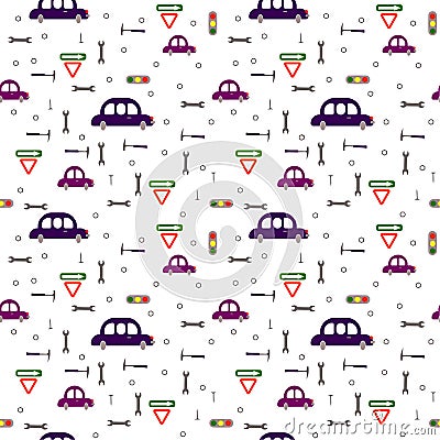 Seamless pattern: cars, road signs and tools on a white background. Vector Illustration