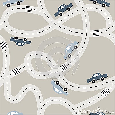 Colorful seamless pattern with cars, roads. Decorative background with funny transport. Automobile Vector Illustration