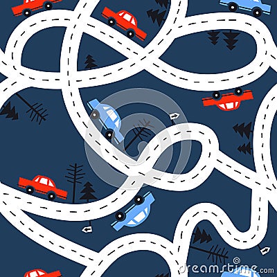 Colorful seamless pattern with cars, roads, trees, fir-trees. Decorative background with funny transport. Automobile Vector Illustration