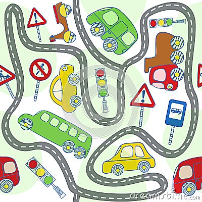 Seamless pattern with cars and traffic signs Vector Illustration