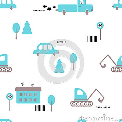 Seamless pattern: cars, truck, excavator, trees, house, sign on a white background. Flat vector. Vector Illustration