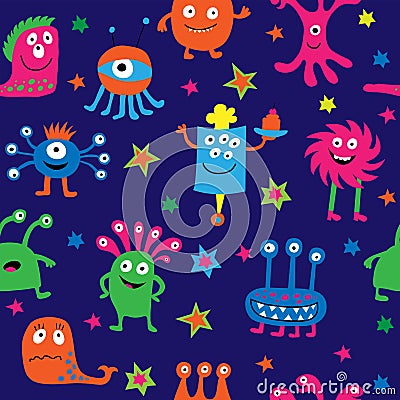 Seamless pattern with cartoon aliens on a blue background Vector Illustration