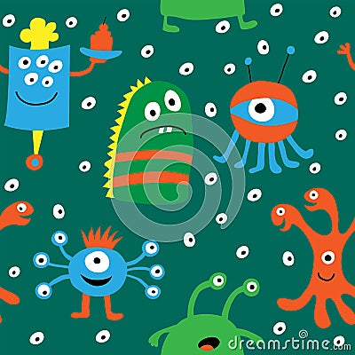 Seamless pattern with cartoon aliens on a green background Vector Illustration