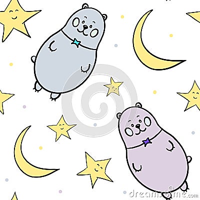 Seamless pattern with cartoon bear. Grizzly bear, moon and star. Design for children's products. Stock Photo