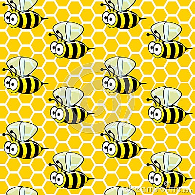 Seamless pattern of cartoon bees on honeycombs. Vector Illustration