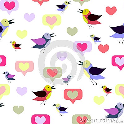 Seamless pattern with cartoon birds and hearts. Spring, summer design. Vector texture, print,paper Vector Illustration