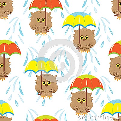 Seamless pattern with cartoon brown owls and colorful umbrellas. Vector Illustration