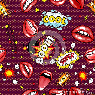 Seamless pattern cartoon comic super speech bubble labels with text, open red lips with teeth, retro cartoon vector Vector Illustration