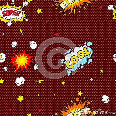 Seamless pattern cartoon comic super speech bubble labels with text, open red lips with teeth, retro cartoon vector Vector Illustration