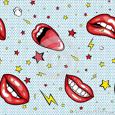 Seamless pattern cartoon comic super speech bubble labels with text, open red lips with teeth, retro cartoon vector Vector Illustration