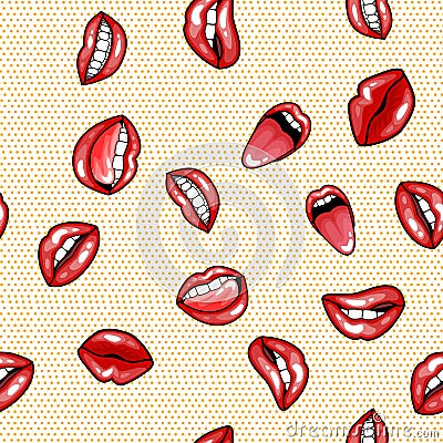 Seamless pattern cartoon comic super speech bubble labels with text, open red lips with teeth, retro cartoon vector Vector Illustration