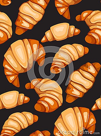 Seamless pattern with cartoon croissants and buns on gray background. French appetizer. Treats for the holidays. Bakery product. Vector Illustration