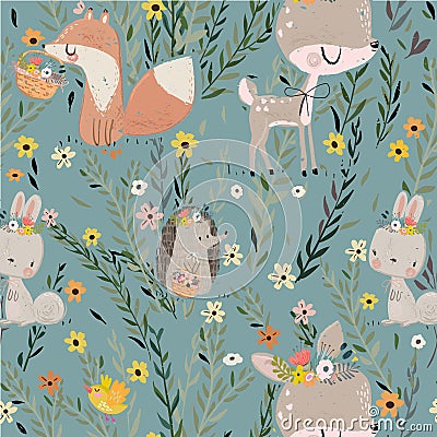 Seamless pattern with cute animals Vector Illustration