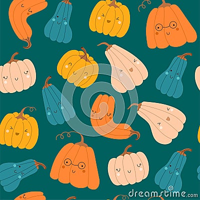 Seamless pattern cartoon cute pumpkins. Autumn thanksgiving and halloween pumpkins. Vector illustrations Vector Illustration