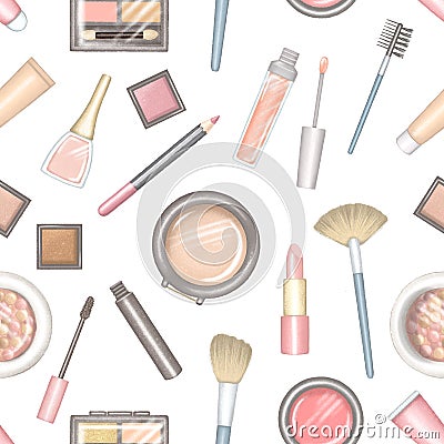 Seamless pattern with cartoon different packages for decorative cosmetics Cartoon Illustration