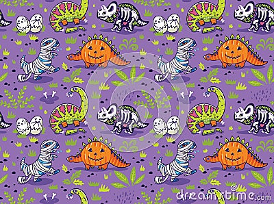 Seamless pattern with cartoon dinosaurs in halloween suits Vector Illustration