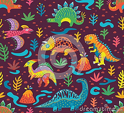 Seamless pattern with cartoon dinosaurs Vector Illustration