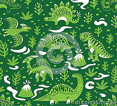 Seamless pattern with cartoon dinosaurs Vector Illustration