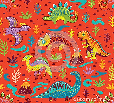 Seamless pattern with cartoon dinosaurs Vector Illustration