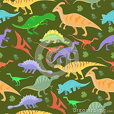 Seamless pattern with cartoon dinosaurs. Vector illustration Stock Photo