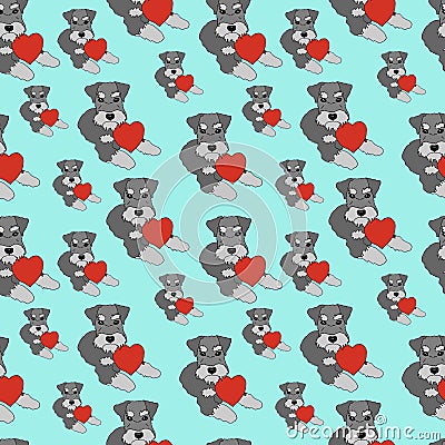 Seamless pattern with cartoon dogs Schnauzer Portrait. Dog with red heart. Dog breed hand drawn vector illustration Cartoon Illustration