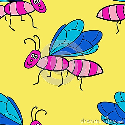 Seamless pattern with cartoon doodle linear midge, fly Vector Illustration