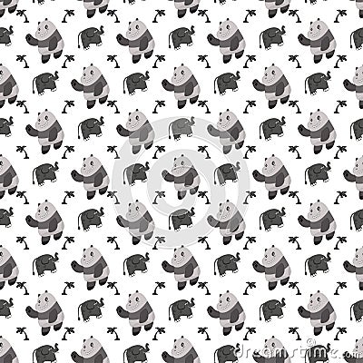 Seamless pattern with cartoon elephants and pandas. black and white color Vector Illustration
