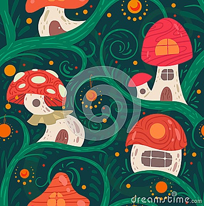 Seamless pattern with cartoon fairy tale porcini house on a liana with lanterns for fairies and gnomes on green background. Vector Illustration