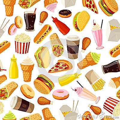 Seamless pattern with cartoon fast food. Vector illustration, eps10. Vector Illustration