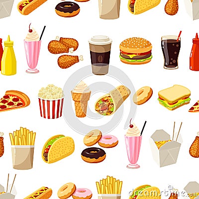 Seamless pattern with cartoon fast food. Vector illustration, eps10. Vector Illustration