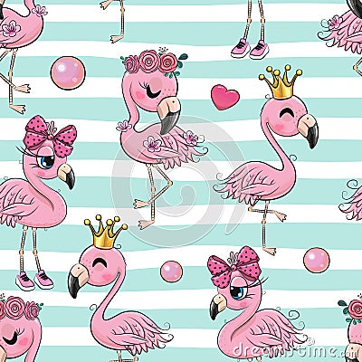 Seamless Pattern with cartoon Flamingos Vector Illustration