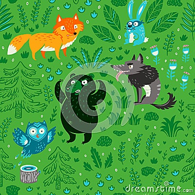 Seamless pattern of cartoon forest animals and plants. Hand drawn illustration Stock Photo