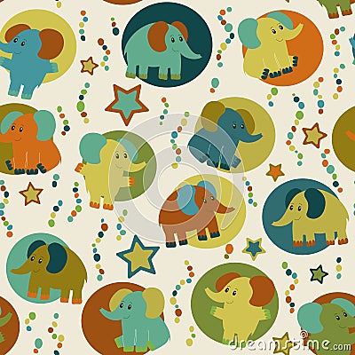 Seamless pattern with cartoon funny elephants Vector Illustration