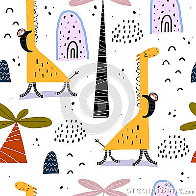 Seamless pattern with cartoon giraffes, sloths, palm trees, rainbows, decor elements. Flat style, colorful vector for kids. Hand d Vector Illustration