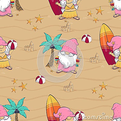 Seamless pattern with cartoon gnome playing ball, drinking cocktail and eating ice cream on the beach among palm trees and Vector Illustration