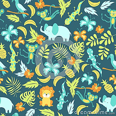 Seamless pattern with cartoon jungle animals Vector Illustration