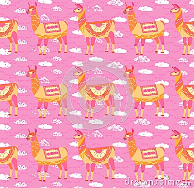 Seamless pattern with cartoon llamas. Pink childrens background. Cute animals on a background of white clouds. Vector illustration Vector Illustration