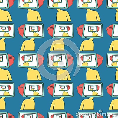 Seamless pattern A Cartoon men with a TV instead of a head. Brainwashing. Vector Illustration