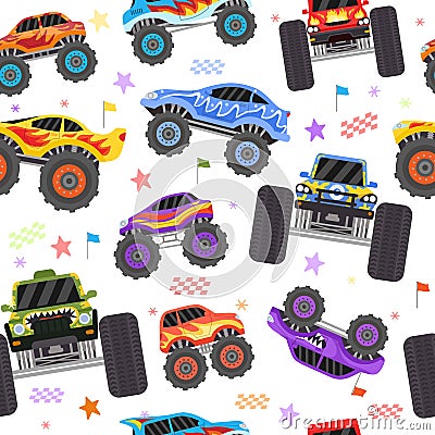 Seamless pattern with cartoon monster trucks for boy. Extreme racing heavy cars with big tires. Toys monster truck for Vector Illustration