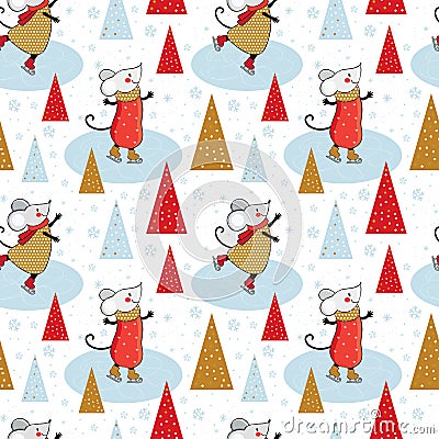 Seamless pattern cartoon mouse skating on ice. Cute mice engaged in winter sports. Christmas background. Funny animal playing in Stock Photo