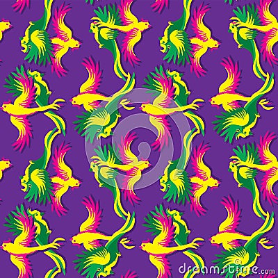 Seamless pattern with cartoon parrots on purple background. Vector image Vector Illustration